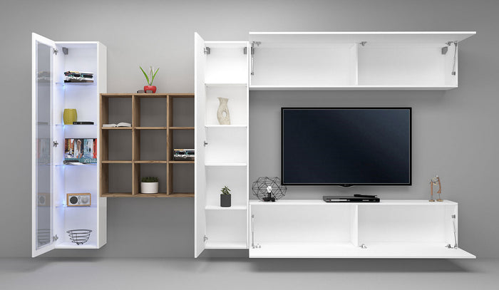 Parete Attrezzata Soggiorno 350x30x180 cm Maruska n°23 Bianco Lucido/Rovere Wotan