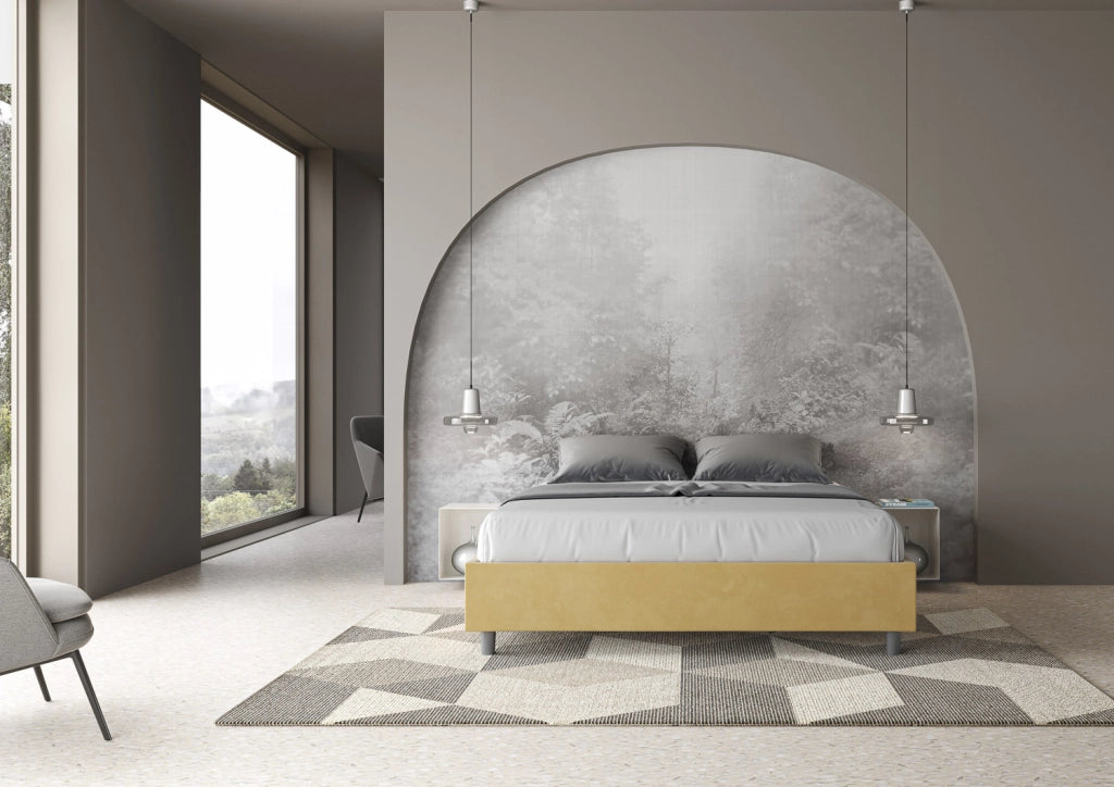 Letto Matrimoniale 160x200 cm con Rete e Contenitore Giroletto con Alzata Comoda Imbottito in Microfibra Azelia Ocra