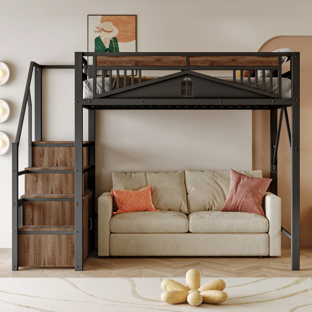 Letto a soppalco 140×200 cm con scala contenitore; armadietto e struttura in metallo; senza materasso; nero