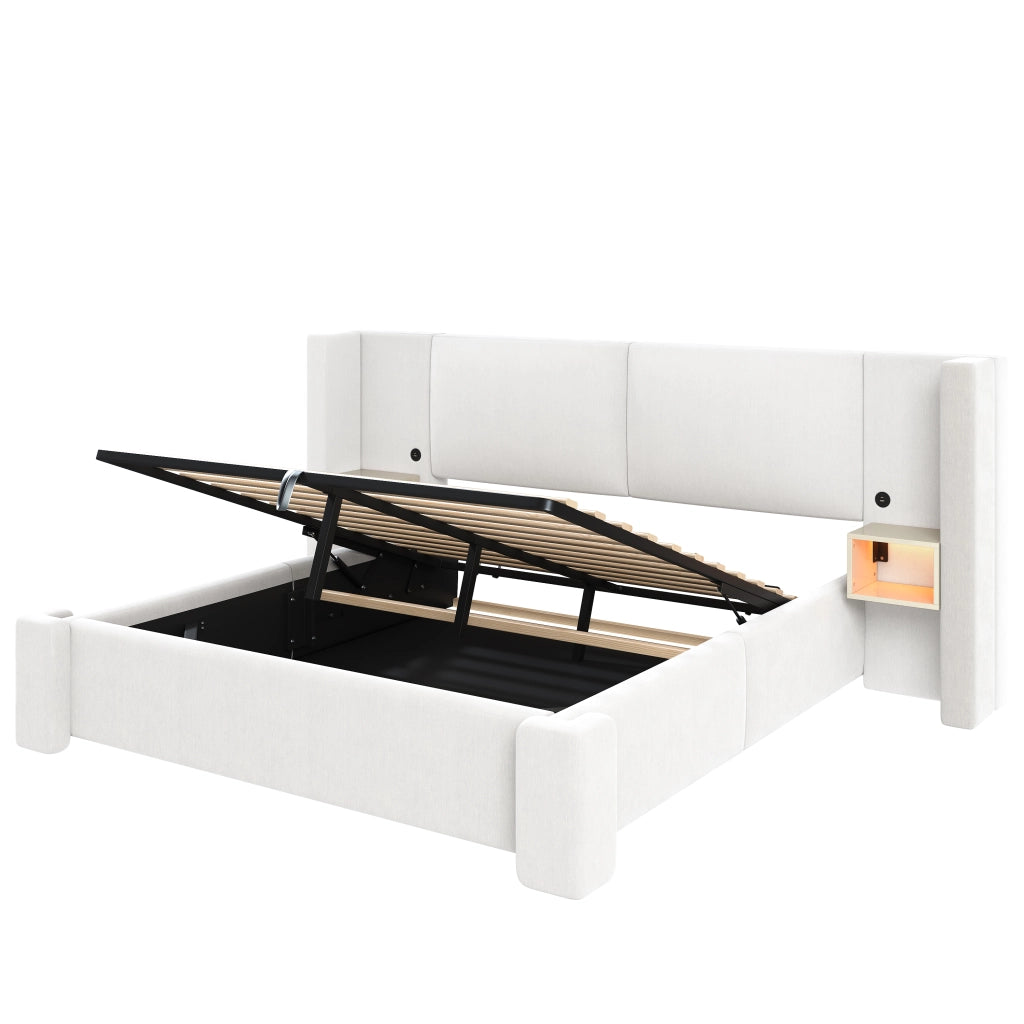 Letto imbottito 180x200 cm in lino beige con contenitore idraulico e LED