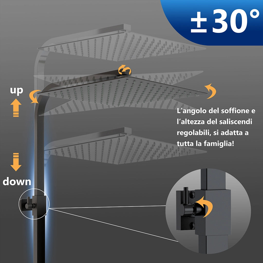 Miscelatore termostatico doccia con soffione 30x30cm e doccetta 25x10cm, colonna doccia rettangolare nero