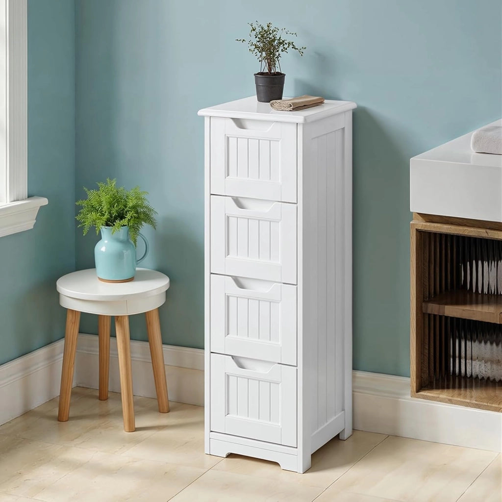 Mobile Bagno con 4 Cassetti,Armadio Bagno Stretto,Conservazione MDF Impermeabile,Mobile Laterale per Bagno,Camera da Letto,Ingresso,Cucina,30X30X85CM,Bianco