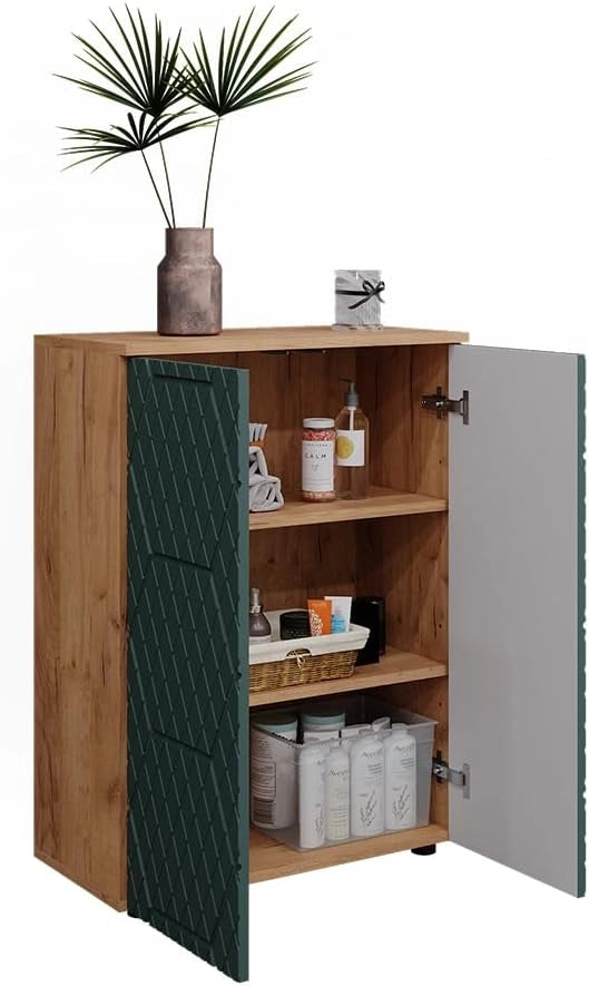 Mobile midi Irma, Goldkraft rovere/verde, 60 x 81 cm, per la conservazione in bagno e abbinabile alla serie Irma