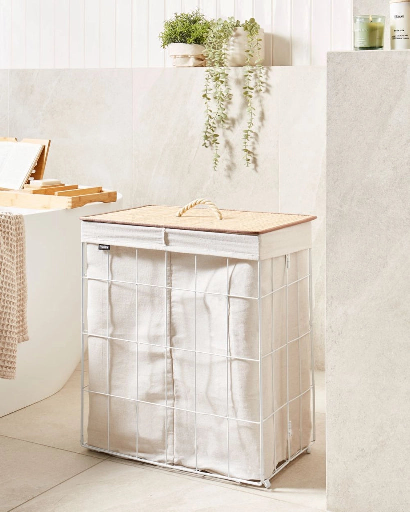 Cesto portabiancheria in metallo con coperchio rimovibile in bambù bianco e legno chiaro stile moderno