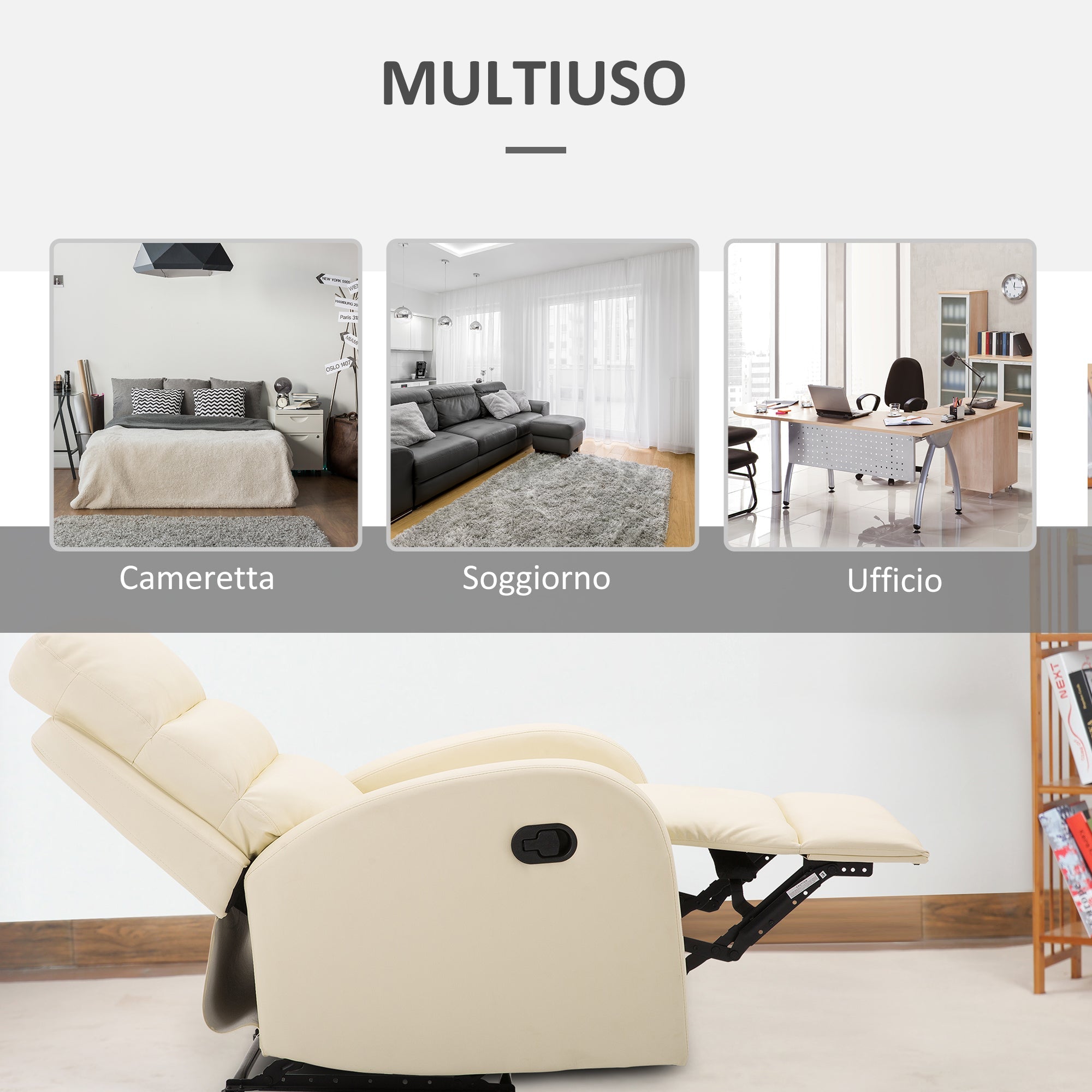 Poltrona Relax Reclinabile con Poggiapiedi in Similpelle Crema