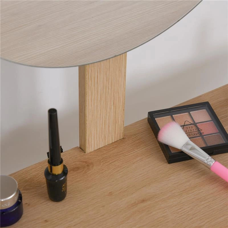 TAVOLO DA TRUCCO CON SPECCHIO TONDO E CASSETTO CON DECORAZIONE JUNGLE BIANCO E ROVERE
