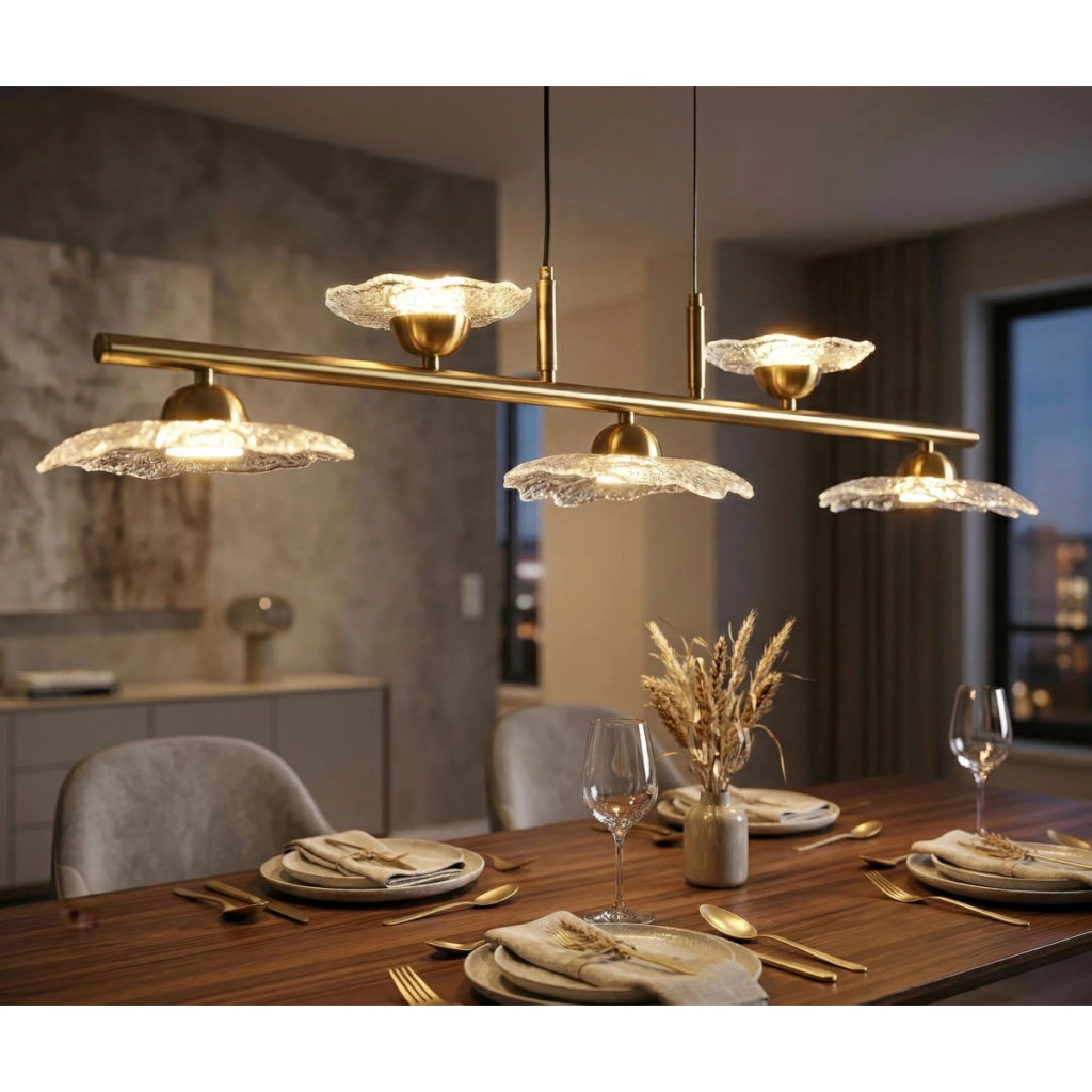 Lampadario EMILY in metallo dorato e vetro trasparente
