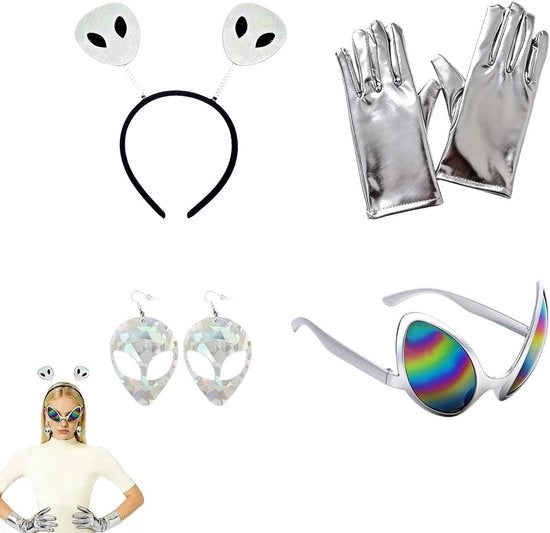 Set di Costume Holografico Argento con Cintura, Occhiali da Sole, Orecchini e Guanti - Ideale per Giochi di Ruolo, Feste e Festival - Misura Universale per Tutti gli Anni