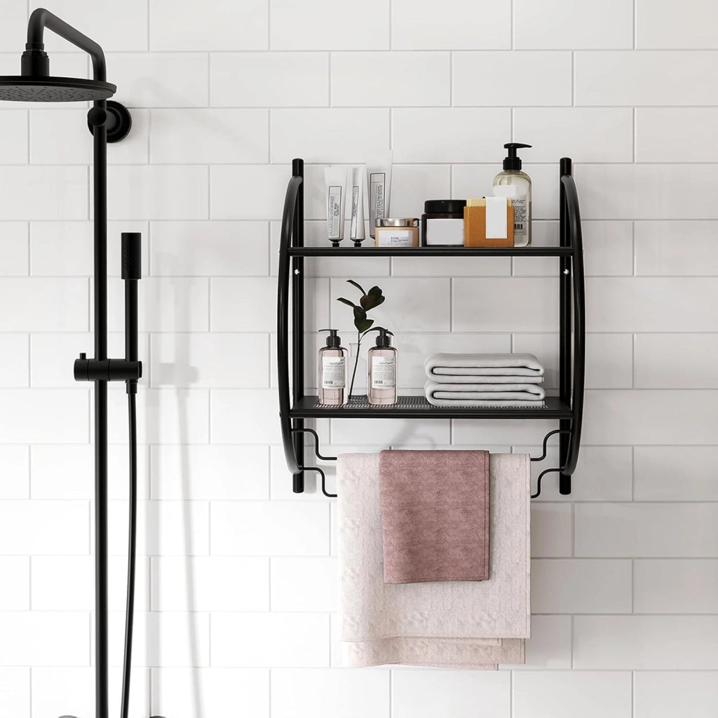 Porta Asciugamani Bagno da Parete, Mensola Bagno Doccia, Montaggio a Parete, con 2 Ripiani e 2 Portasciugamani, per Asciugamani, Antiruggine，45x25,5x55 cm (Nero)