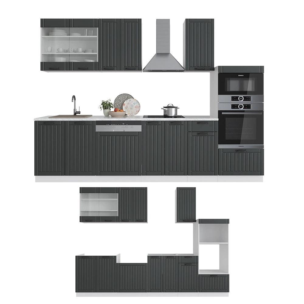 Cucina componibile Fame-Line Antracite rustico/Bianco 300 cm con armadio alto, PL Marmo Vicco