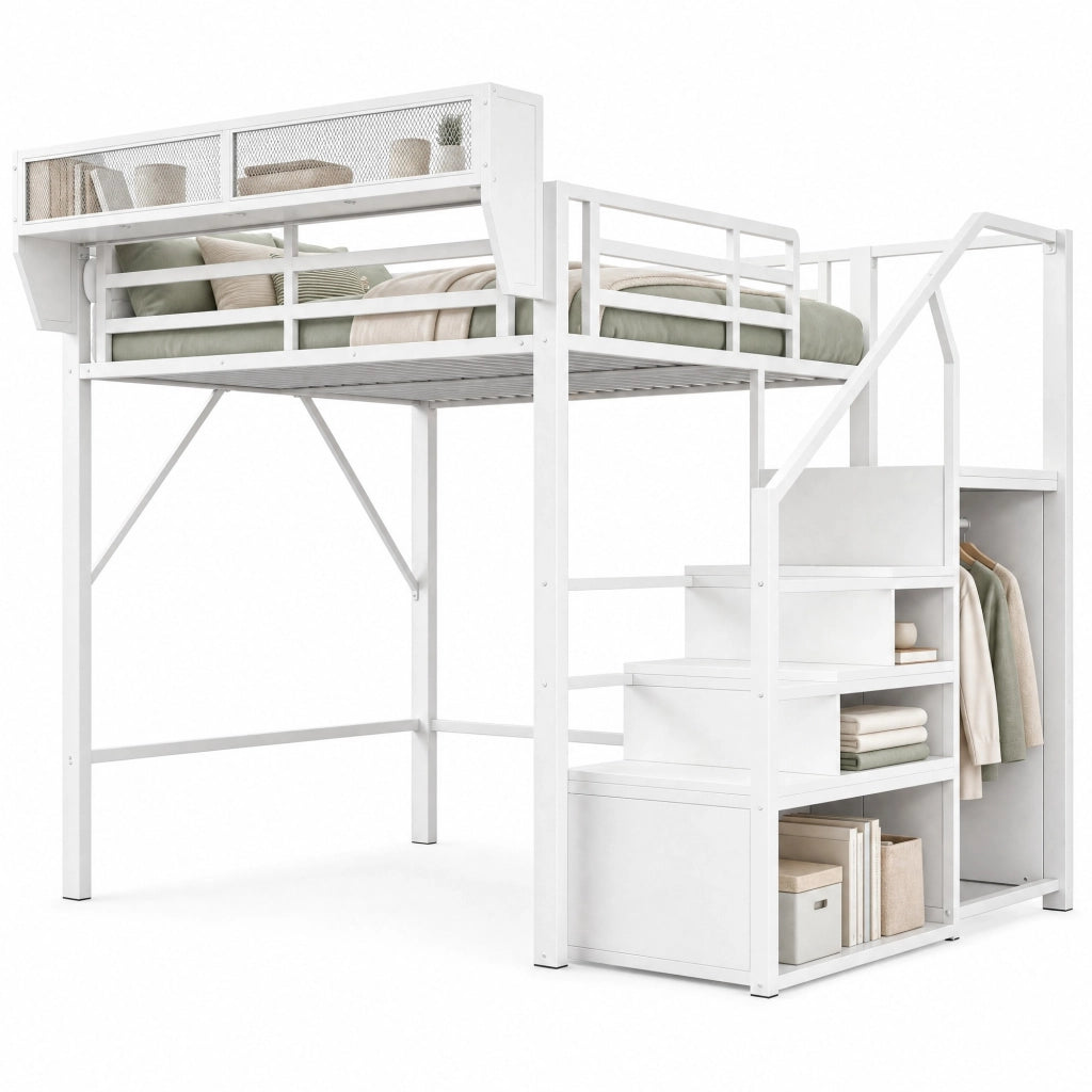 Letto a soppalco matrimoniale 140×200 cm con LED; scala; ripiani e materasso senza materasso; metallo; bianco