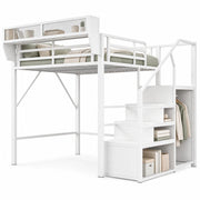 Letto a soppalco matrimoniale 140×200 cm con LED; scala; ripiani e materasso senza materasso; metallo; bianco