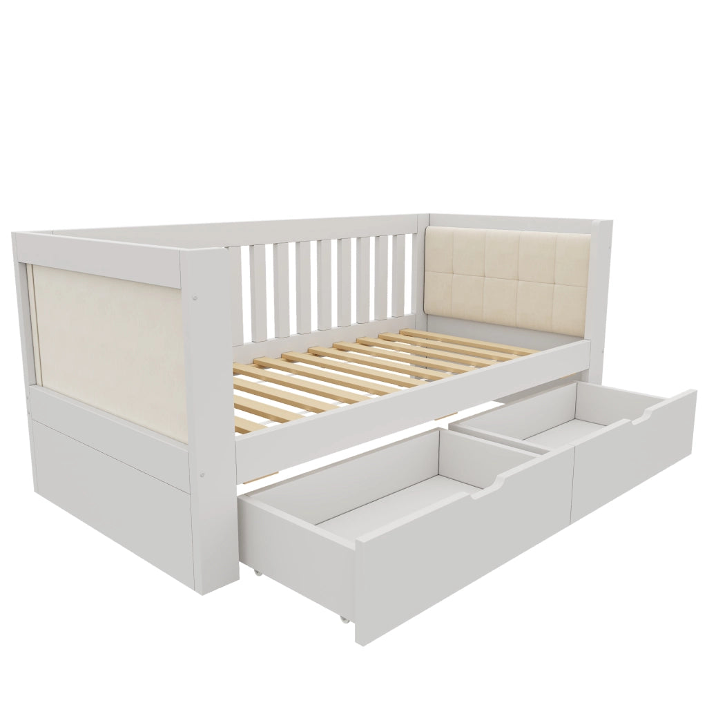 Letto a una piazza e mezza 90x190 cm bianco in legno massello con 2 cassetti, divanetto con schienale