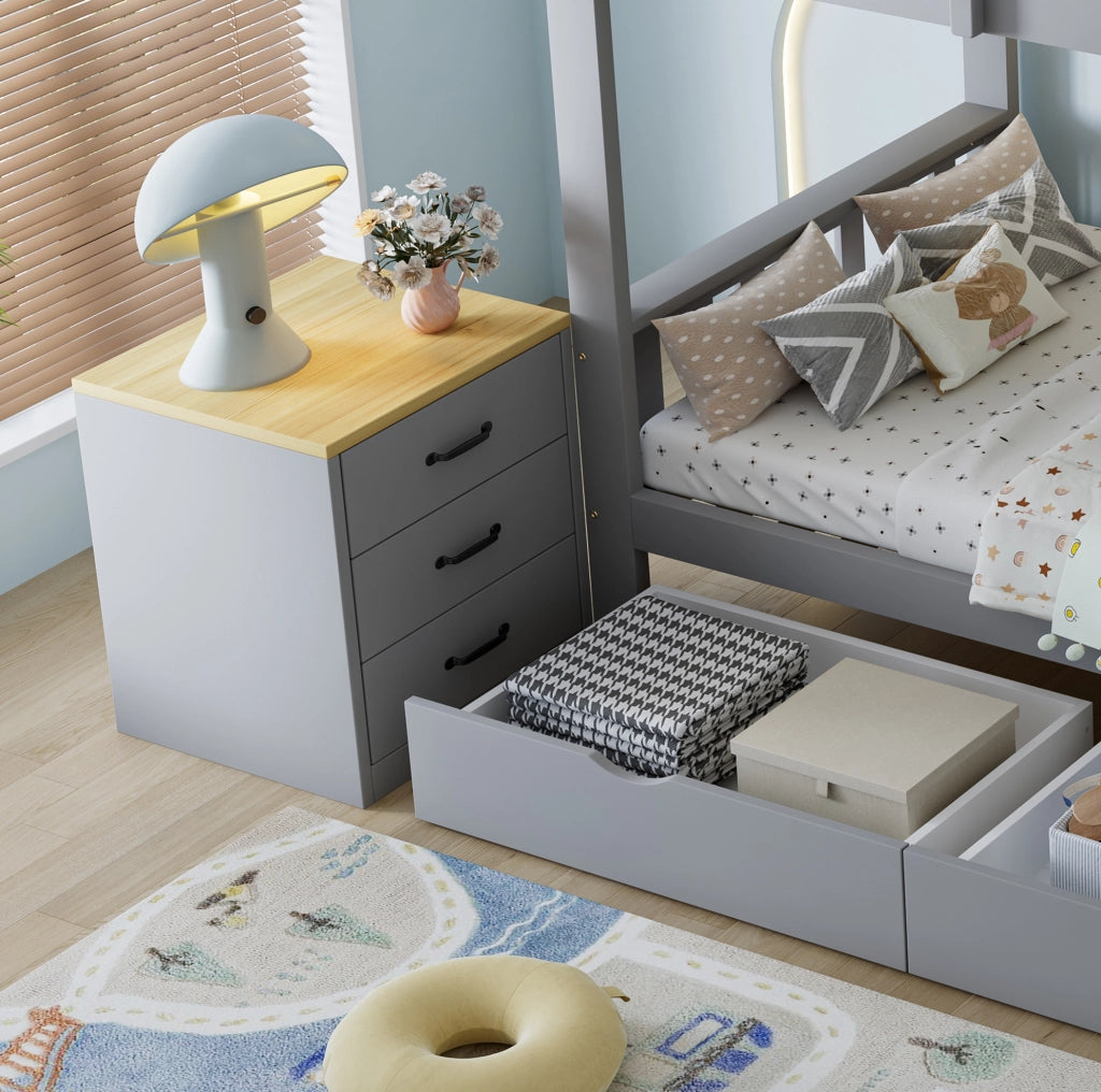 Letto a castello grigio in legno 90x200 cm con cassetti, scaletta e comodino mobile