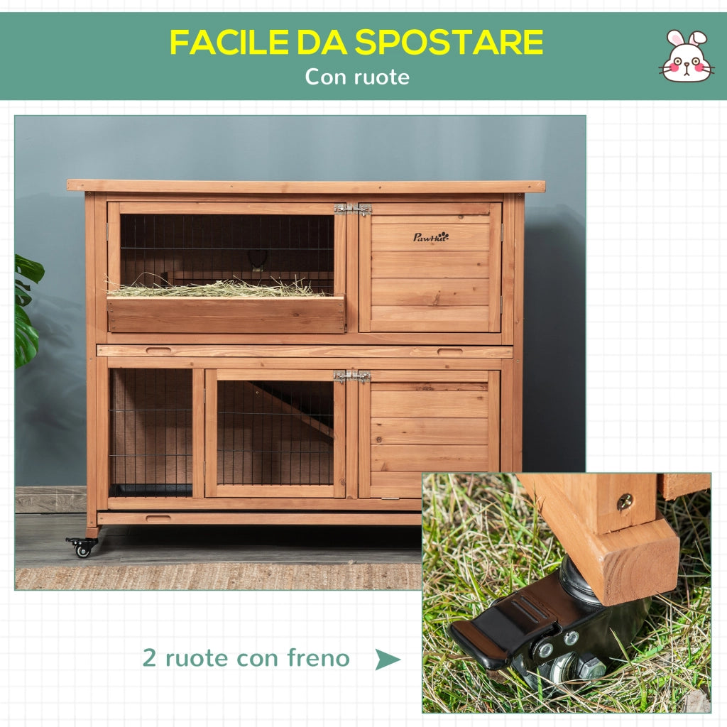 Conigliera in Legno a 2 Livelli con Ruote, Vassoio Estraibile e Rampa, 122x50x101cm