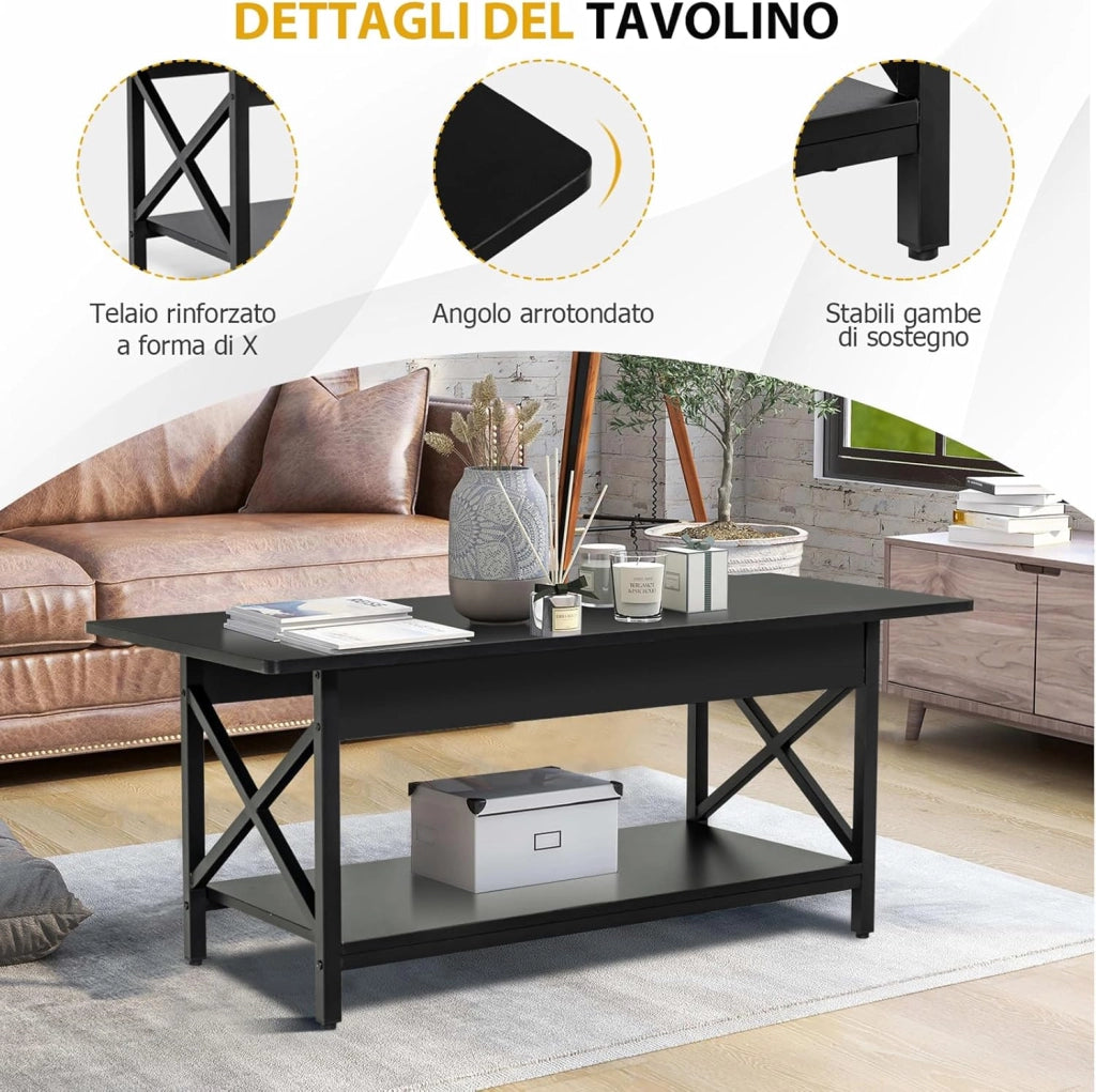 Tavolino da Salotto 2 Livelli, Tavolino da Caffè Industriale con Struttura in Metallo a Forma di X, Tavolino Rettangolare per Soggiorno, Studio e Ufficio, 60 x 110 x 48 cm (Nero)