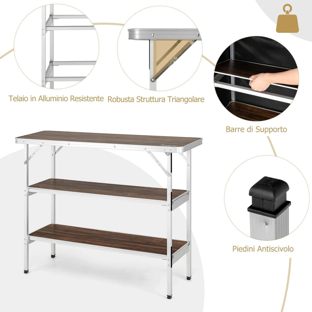 Cucina da Campeggio Pieghevole con Telaio in Alluminio, Mobile da Campeggio con 3 Ripiani e Borsa per Trasporto, Cucina da Esterno per Attività all'Aperto, Picnic e Barbecue (Nero)
