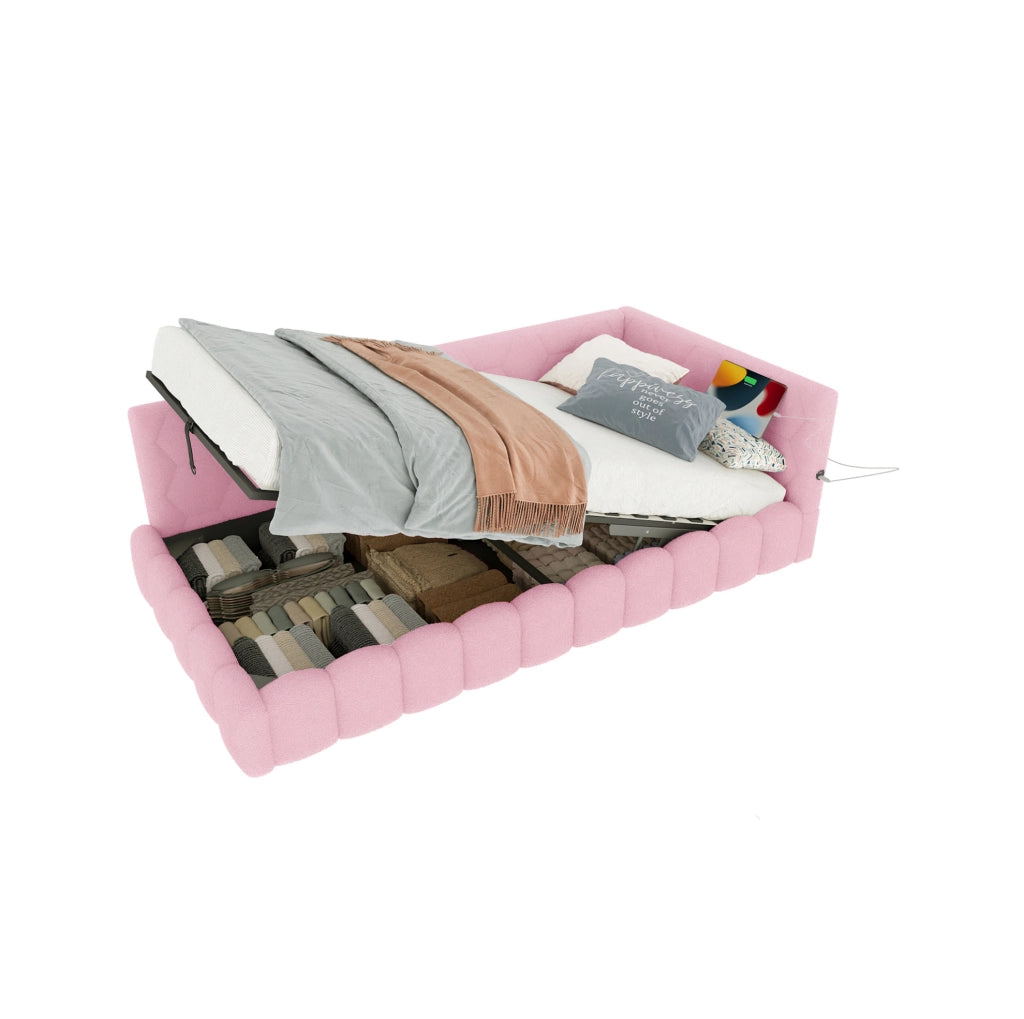 Letto 90x200 cm con contenitore; LED e USB Tipo-C rosa