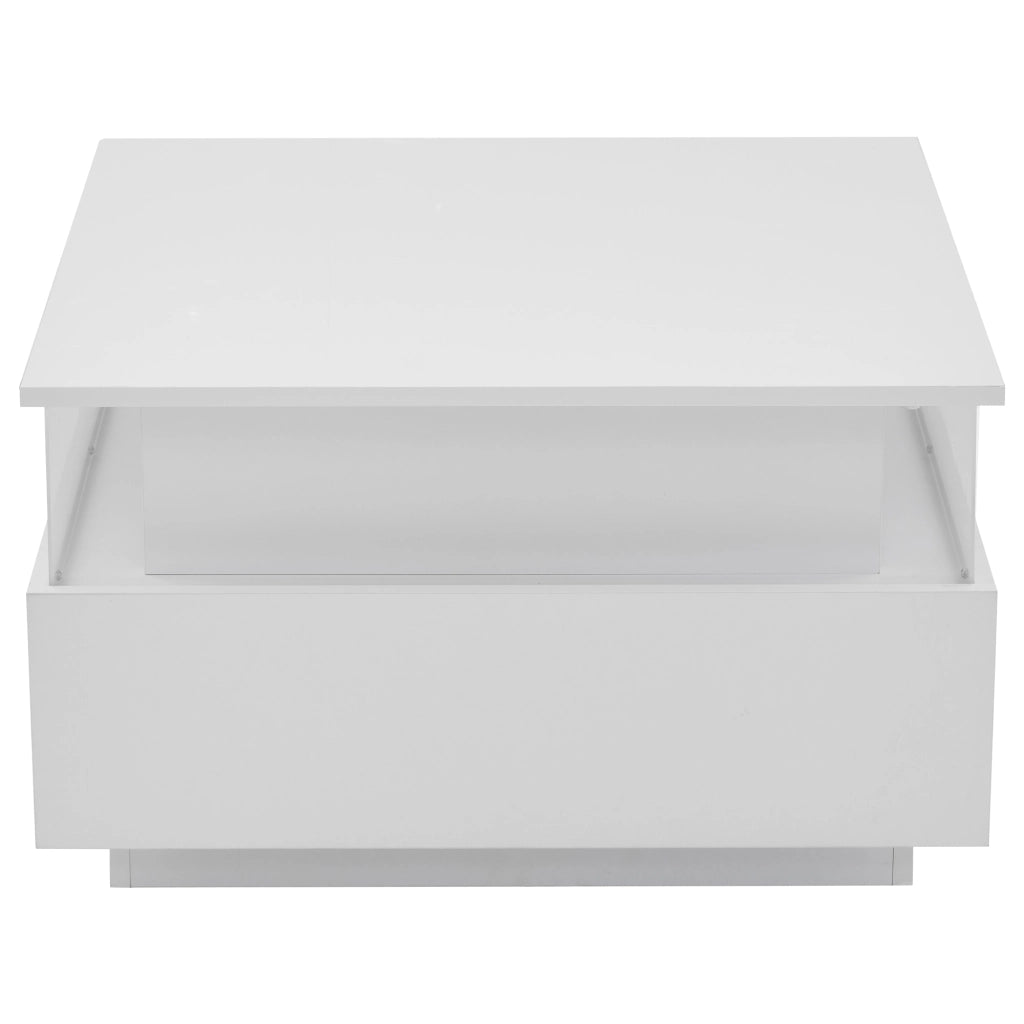 tavolino basso moderno con LED, due cassetti e area trasparente in truciolare bianco per soggiorno
