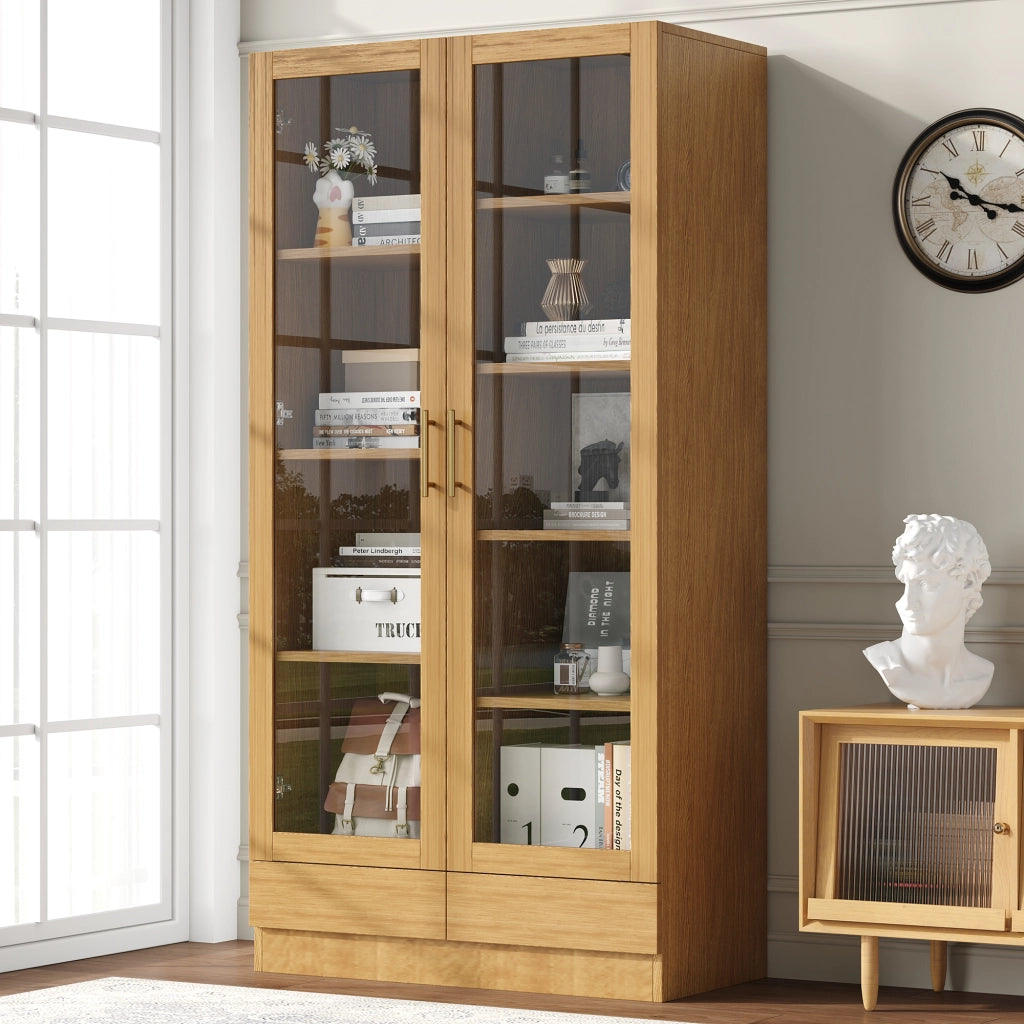 Vetrina multifunzione in legno naturale con ante in vetro temperato, cassetto push-to-open, 80 x 40 x 160 cm