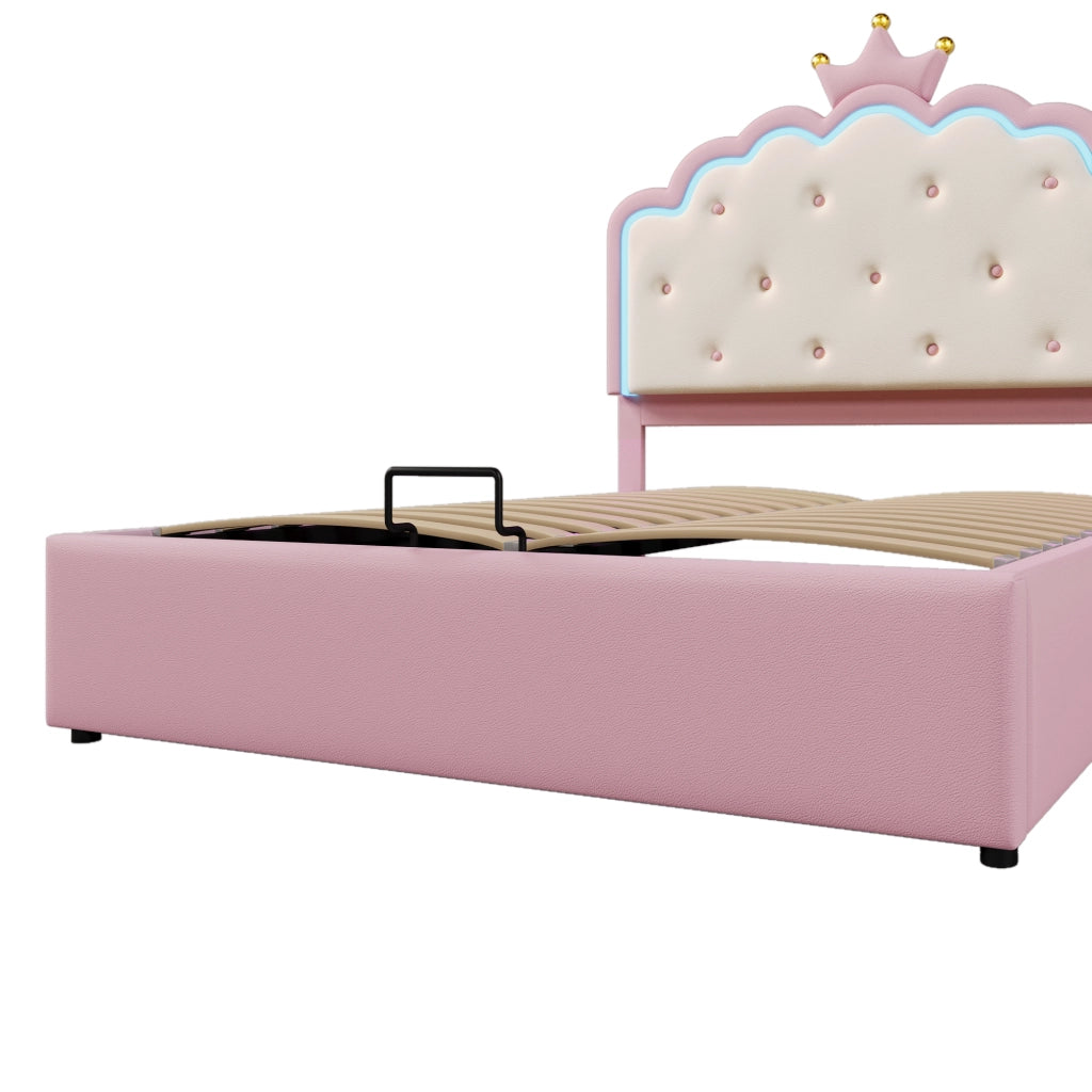 LETTO Imbottito 140x200 cm in PU Rosa con illuminazione LED e contenitore idraulico