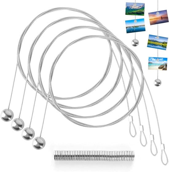 Fotoketting 4 pezzi 15 mm x 2 m con 48 magneti - Cavo per foto e cartoline - Color argento