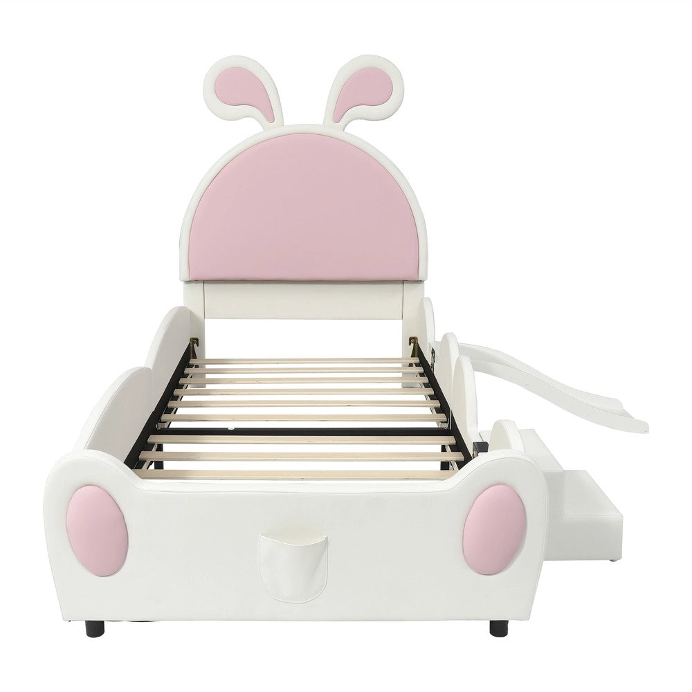 Letto Singolo Bambini con Scivolo e Testiera Orecchie ¨C MINIMAL ¨C PU Bianco Rosa 90x200