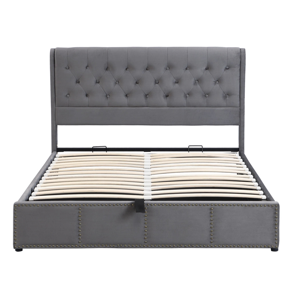 Letto imbottito contenitore 160x200 cm in velluto grigio; rete a doghe inclusa