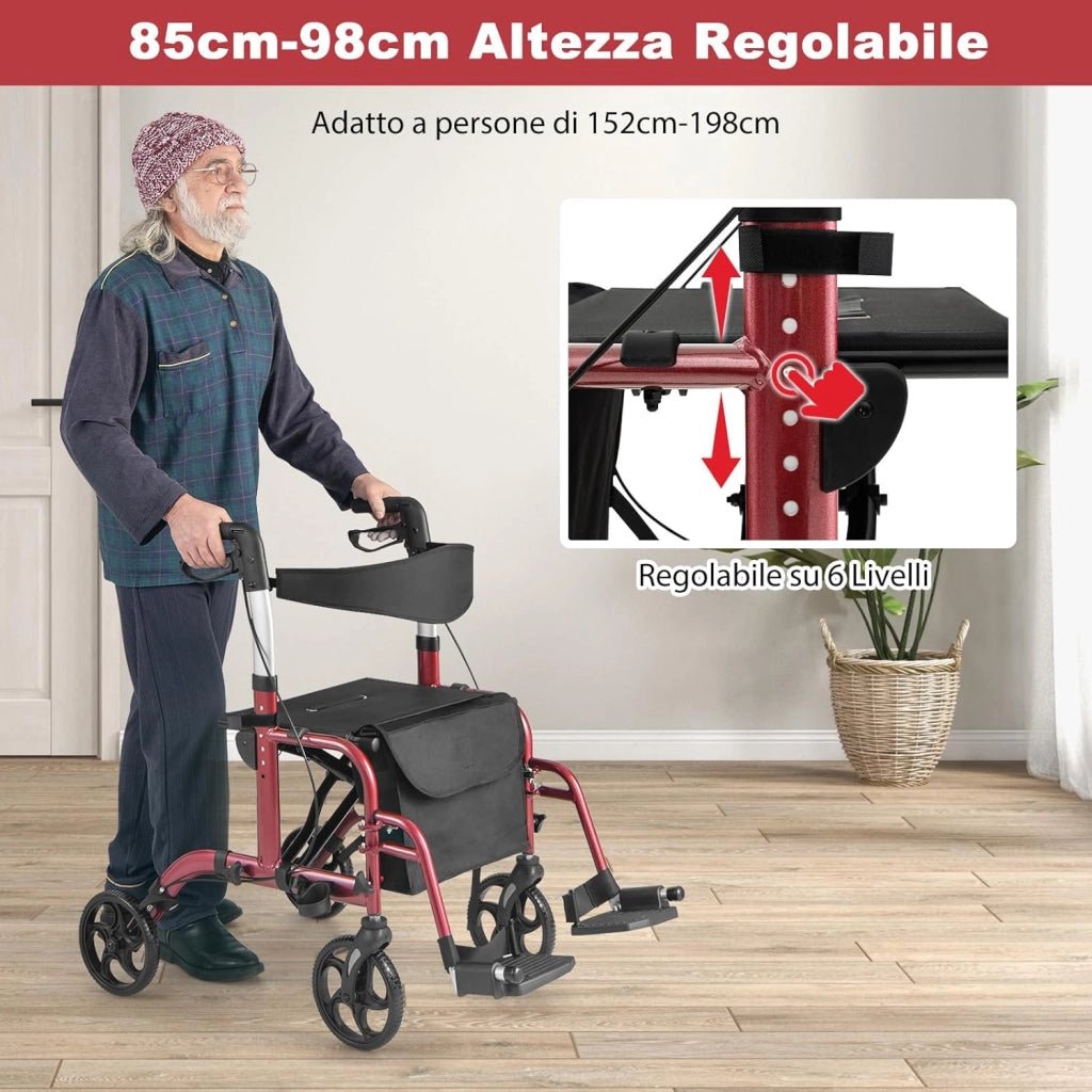Deambulatore Multiuso 2 in 1, Deambulatore per Anziani in Alluminio con Altezza Regolabile a 6 Livelli, Poggiapiedi Pieghevole (Rosso)
