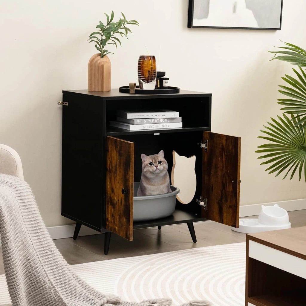 Mobile per Lettiera per Gatti, Casetta per Gatti con Ingresso, Gambe Inclinate e Scomparto Aperto, Tavolino in Legno Versatile per Salotto, 60 x 45 x 75 cm, Marrone e Nero