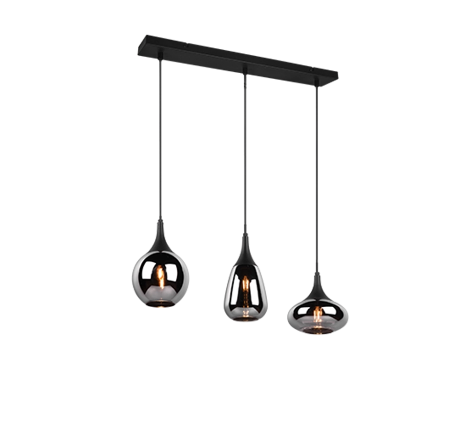 Lampada a sospensione 3 diffusori, metallo, nero e fumé, L 68 cm, Lumina