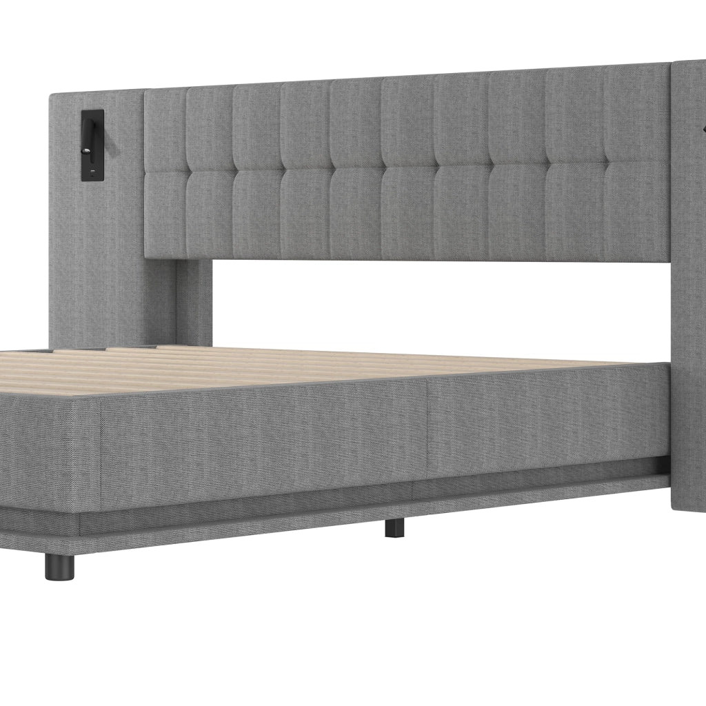DESMIU Letto imbottito 180 × 200 cm con LED, luce da lettura e USB, senza materasso, in lino e MDF, grigio