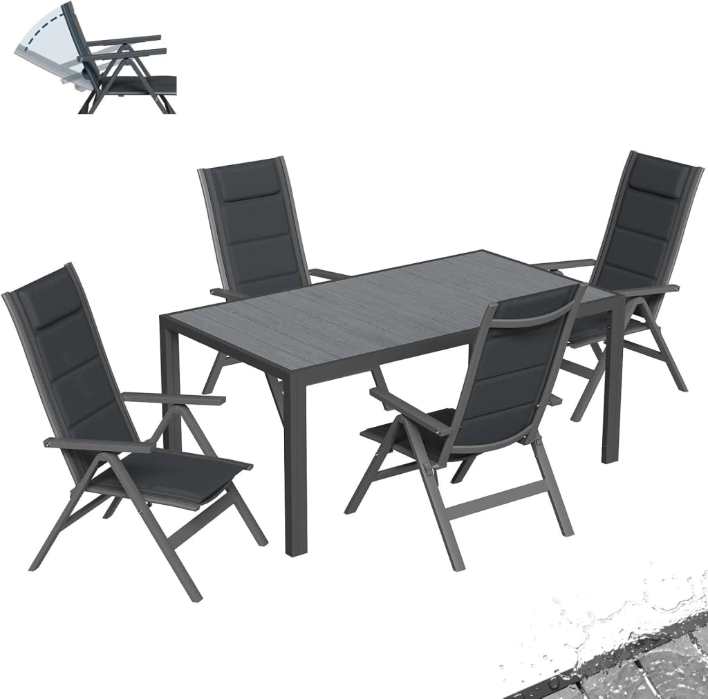 Set Tavolo e Sedie da Giardino 5 Pezzi, Composto da Tavolo 150 cm in Alluminio e 4 Sedie Pieghevoli, Tavolo da Giardino con Finitura a Vena di Legno con Sedie da Terrazza, Balcone, Grigio