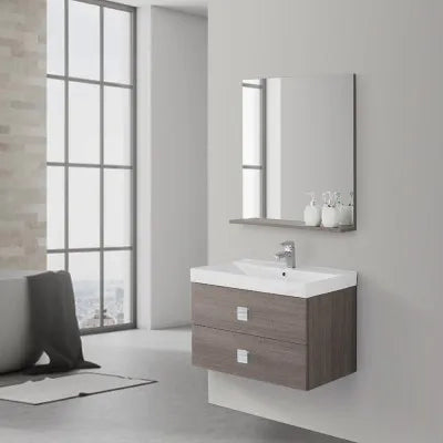 Mobile bagno sospeso 75x51 cm rovere scuro con due cassettoni completo di lavabo specchio e mensola Bravo