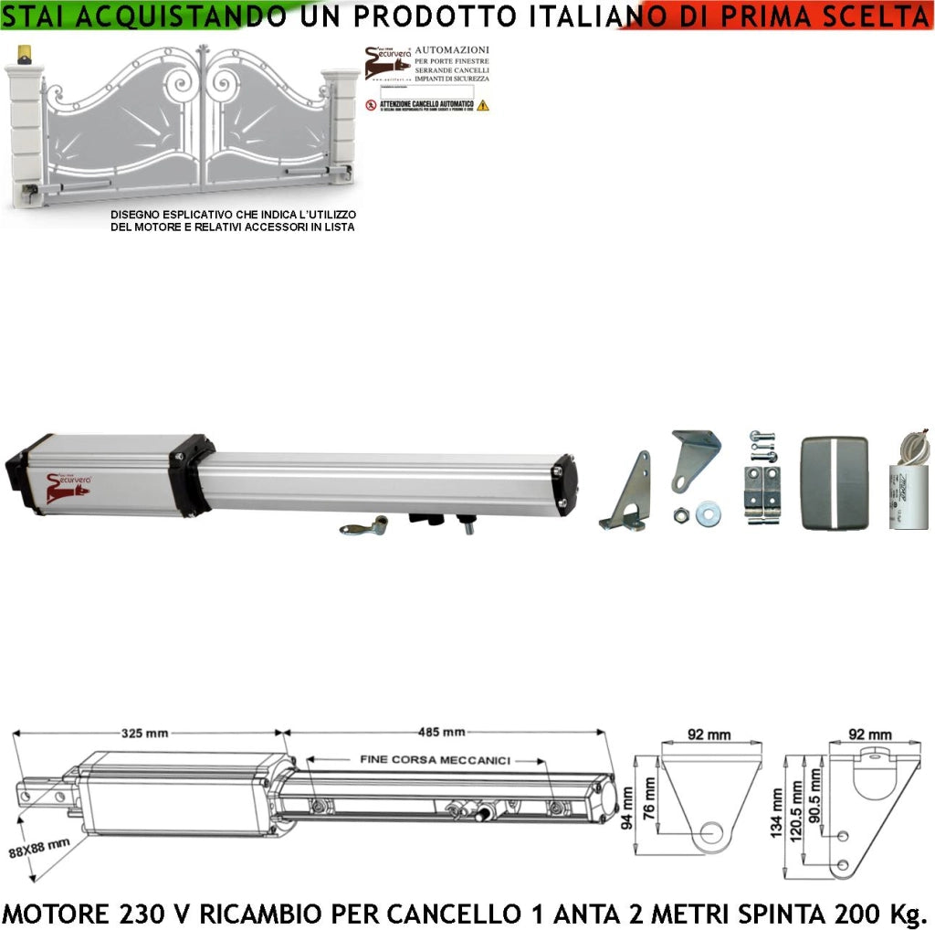 Motore Elettromeccanico 220 V Corsa 300 mm Ricambio Cancello Elettrico Anta 2 Metri Sblocco a Chiave Ricambio Originale Securvera Finecorsa Meccanici Kit Staffe Bulloni Condensatore 16 µF 400V Misure 810X88X88 mm Compatibile BTF Aster Fac