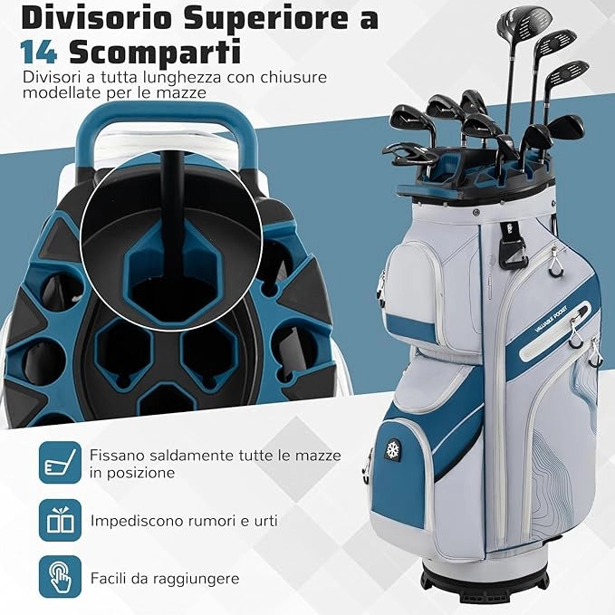 Borsa Carrello da Golf, Sacca da Golf con Serratura e Divisori a 14 Vie, 11 Tasche, Sacca Isolante, Tracolla Imbottita, Maniglie, Porta Ombrello e Cappuccio Antipioggia