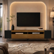 Mobile porta TV con due ante e vani aperti in MDF e legno nero, per soggiorno moderno e pratico 180 × 36 × 43 cm