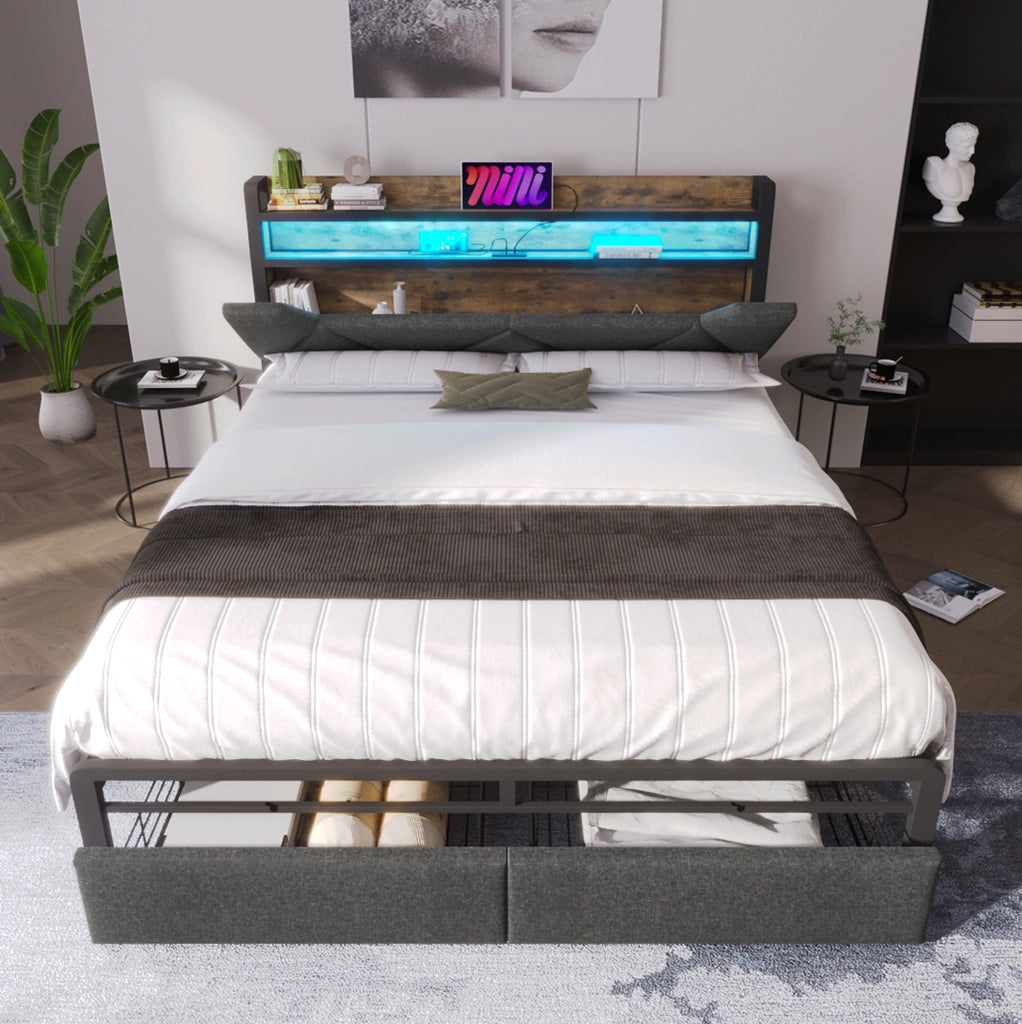 Letto imbottito 160x200 con testiera contenitore; LED; USB e 2 cassetti; grigio