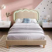 Letto singolo imbottito 90x190 cm con LED; testiera regolabile e rete a doghe; tessuto beige