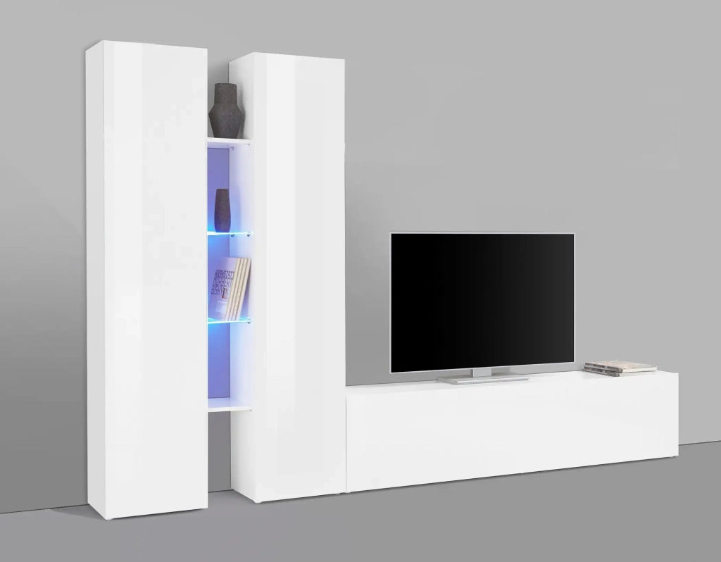 Parete attrezzata bianca mobile TV basso 4 mensole 2 armadi Sage WH