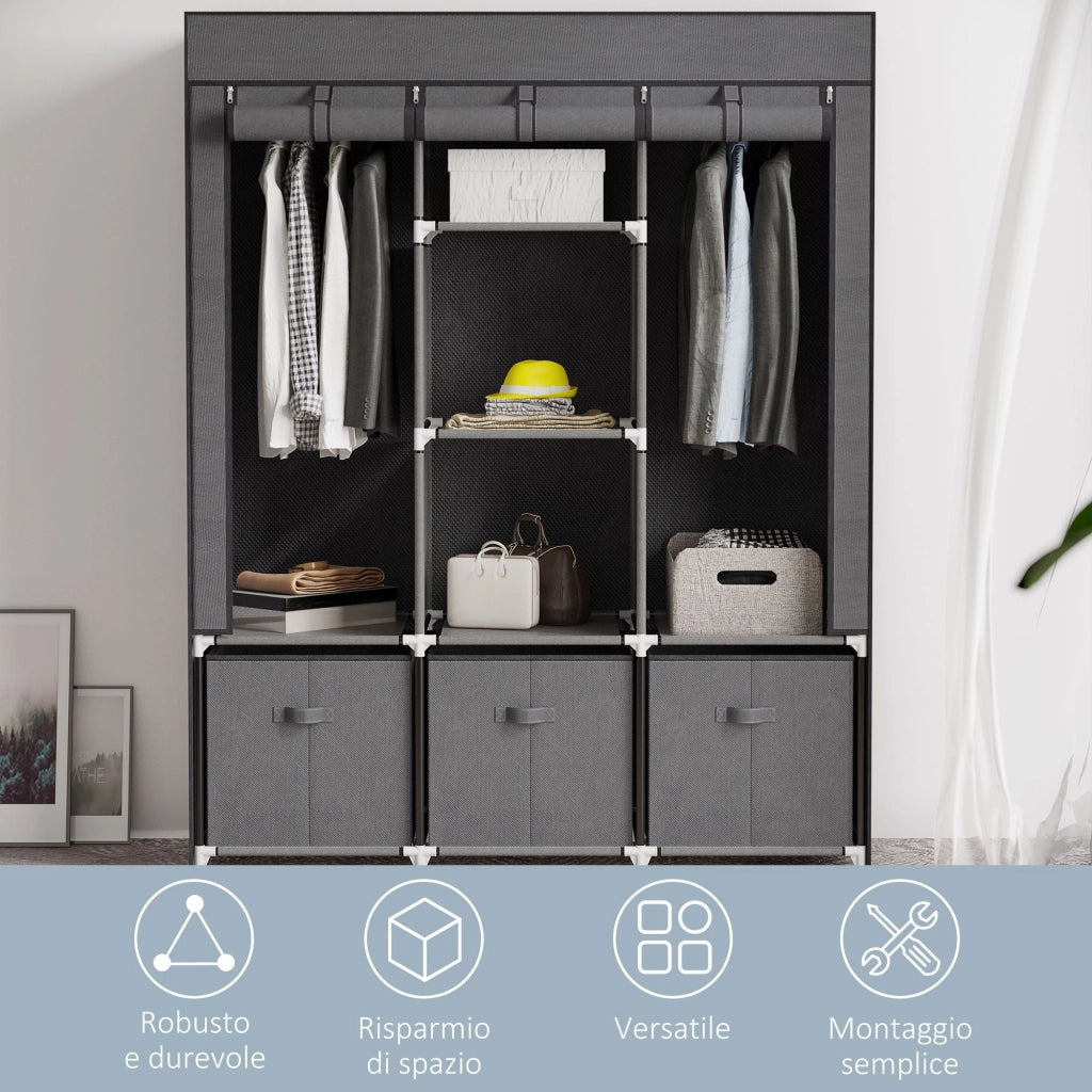 Armadio Guardaroba da Campeggio 125x43x162,5 cm con Cassetti e Ante Avvolgibili con Zip Grigio Scuro