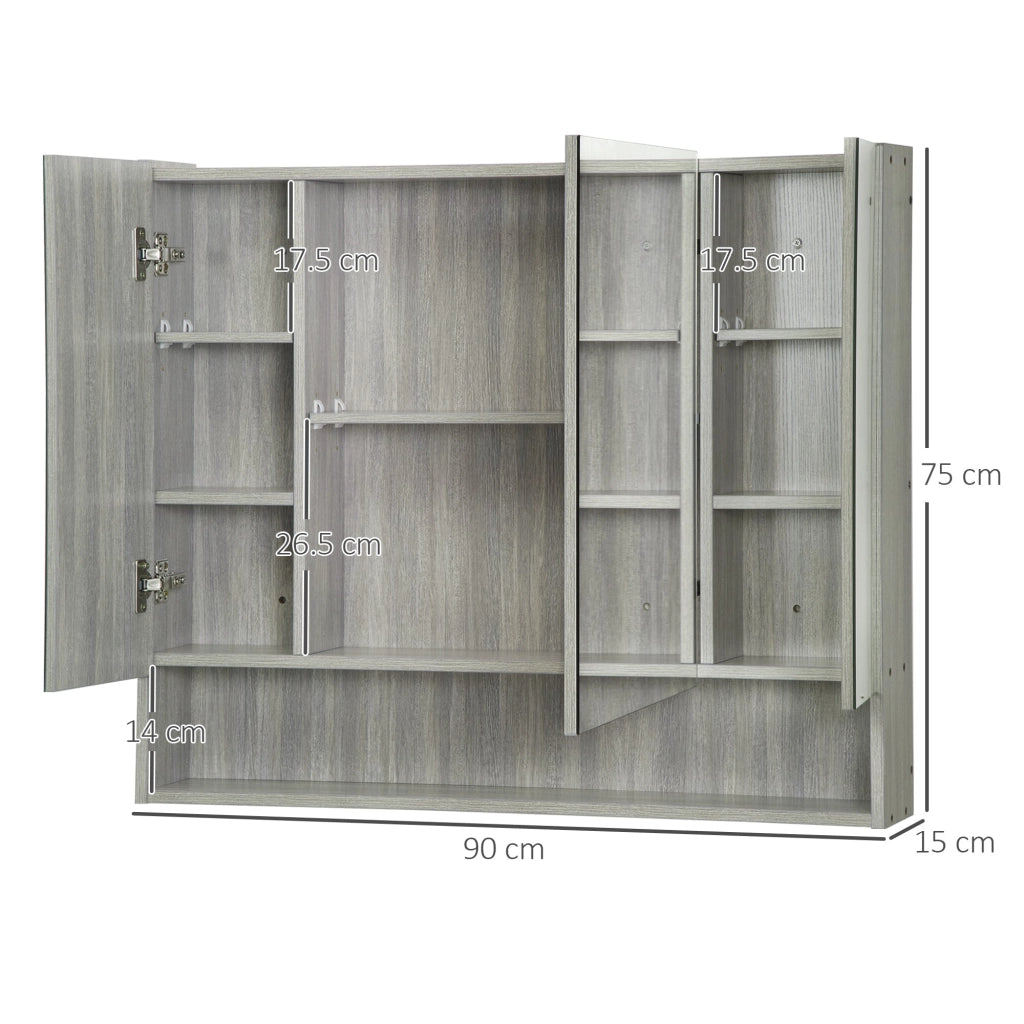 Armadietto a Specchio per Bagno con Ripiani Regolabili 3 Porte e Mensola 90x15x75 cm Grigio