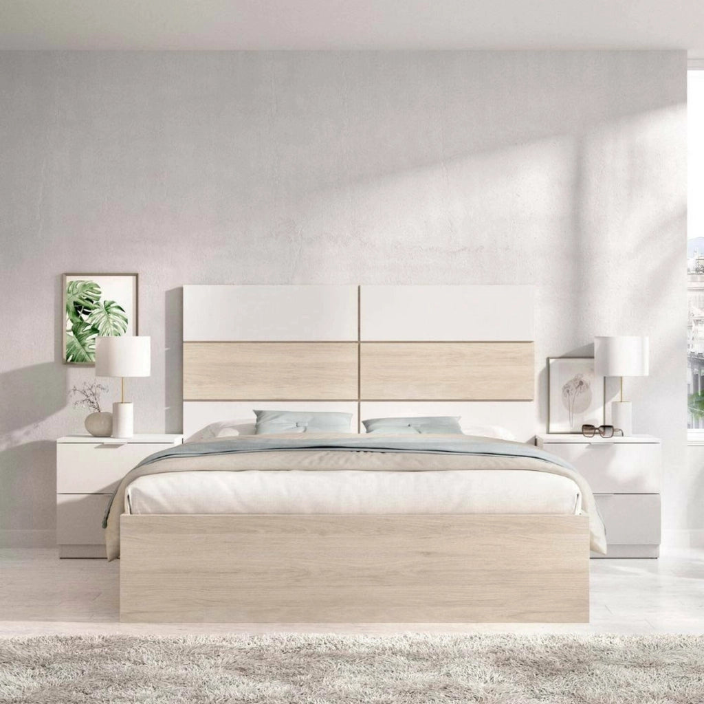 Letto matrimoniale Alina, Sommier per camera da letto, Giroletto per stanza, Struttura porta materasso, 267x205 h122 cm, Bianco e Rovere