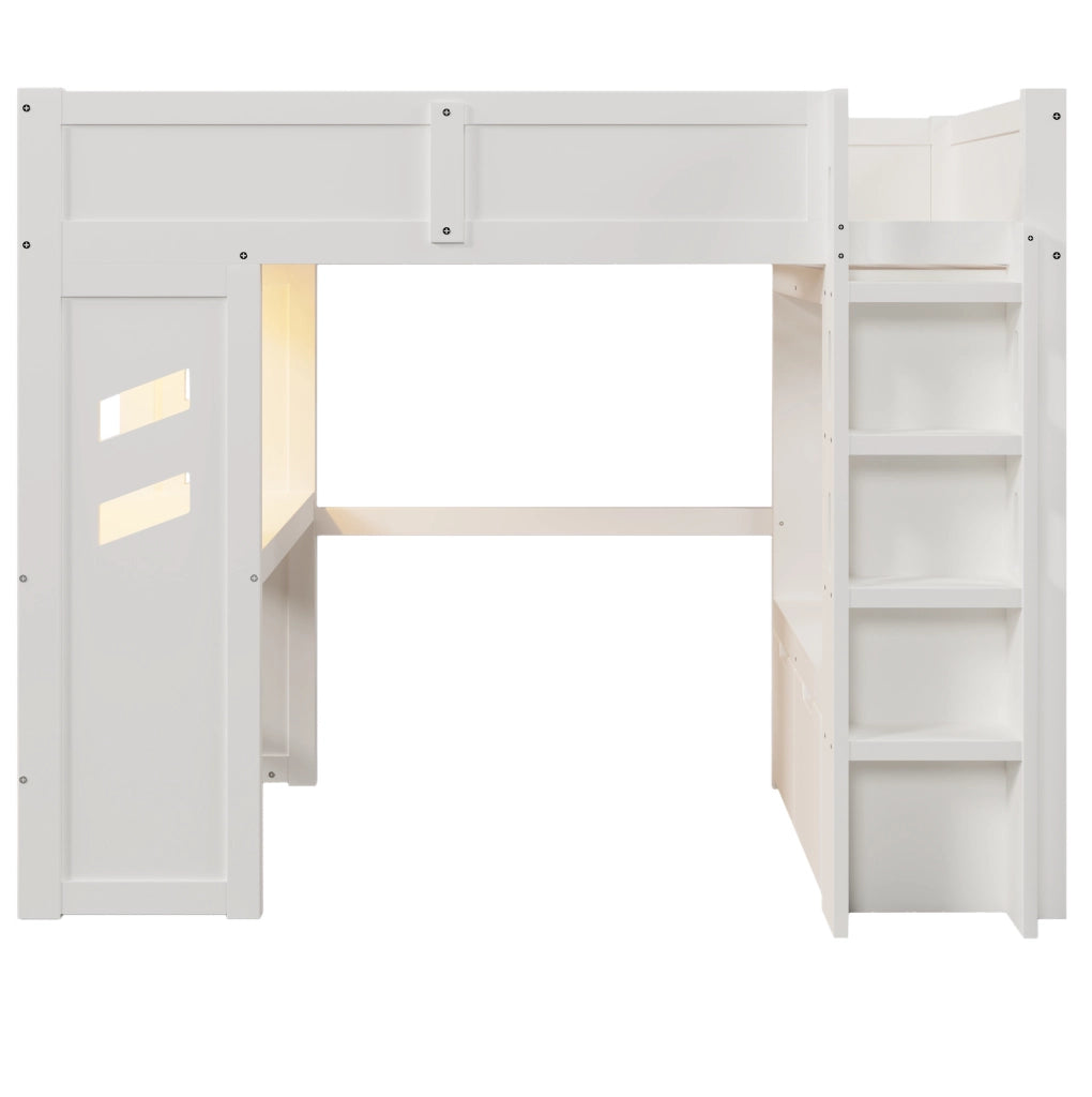 Letto a soppalco 90x200 cm con scrivania e LED in legno di pino e MDF bianco