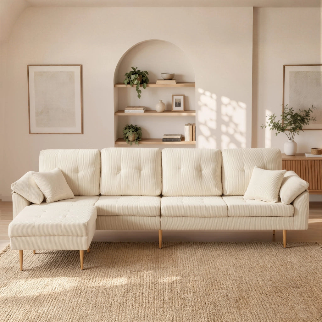 Divano 4 posti in velluto a coste con pouf modulabile; beige chiaro; 250 cm