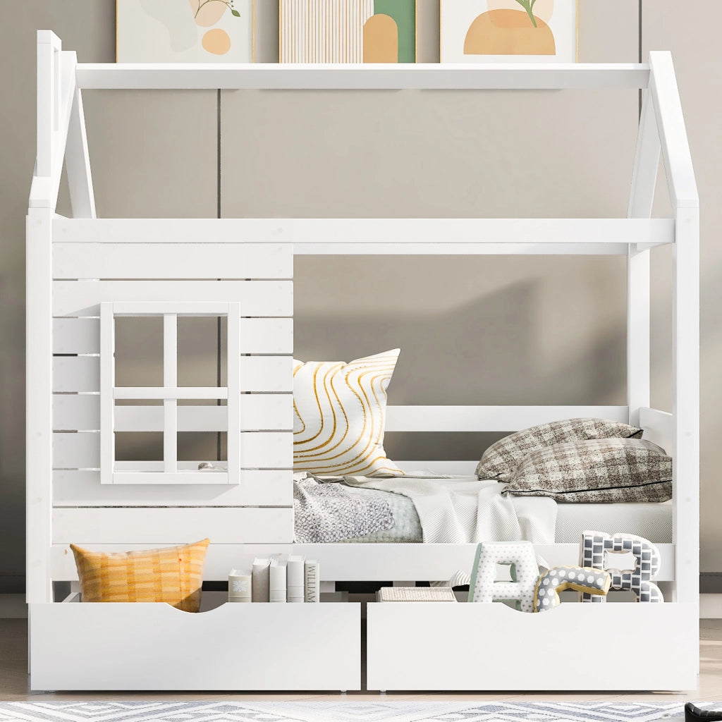 Letto per bambini in legno massello di pino bianco 80x160 cm con sponde, finestre decorative, reti a doghe e 2 cassetti contenitore