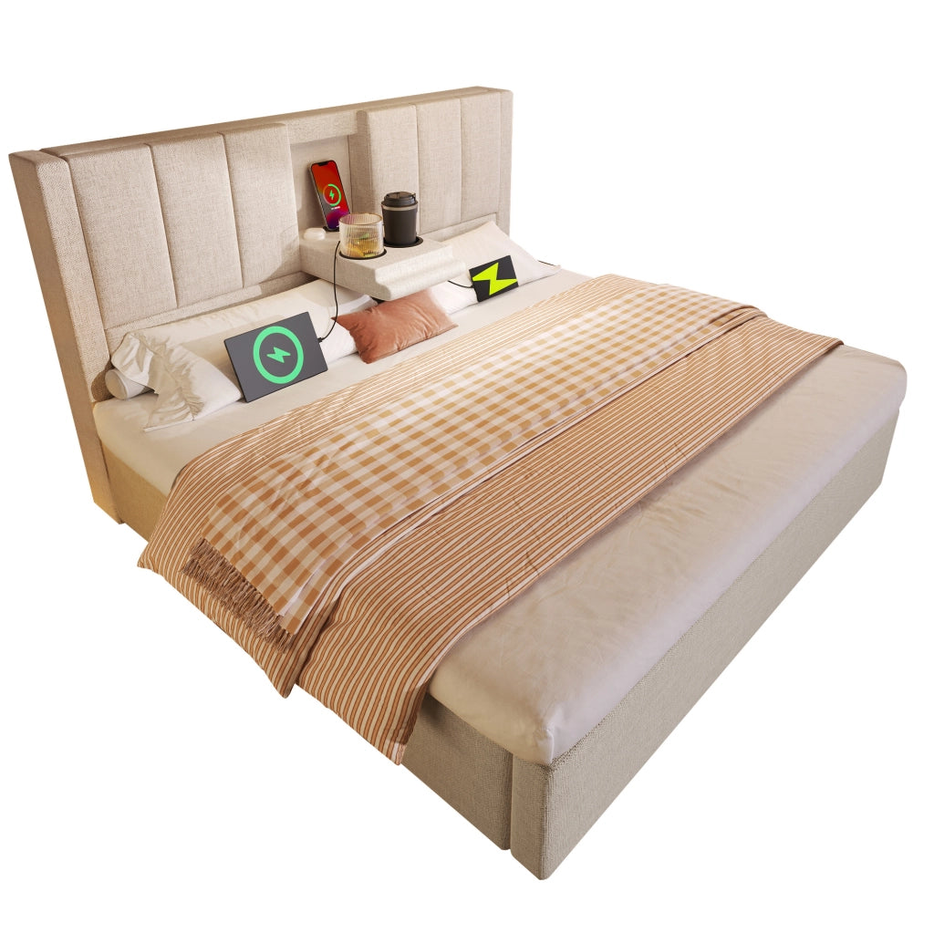 Letto matrimoniale imbottito 140x190 cm in lino beige con contenitore; porta bicchieri e presa di ricarica