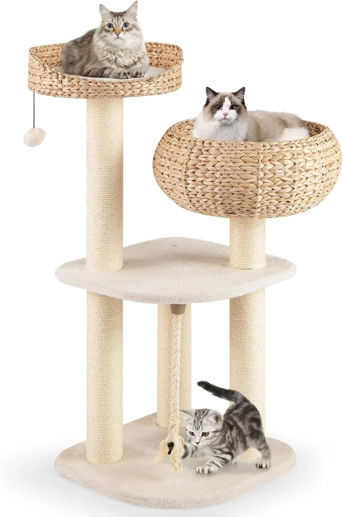 Tiragraffi per Gatti Piccoli, Tiragraffi con Cuccia, Piattaforma, Pallina e Palo in Sisal Naturale, Albero per Gatti da Divano, Salotto e Camera da Letto