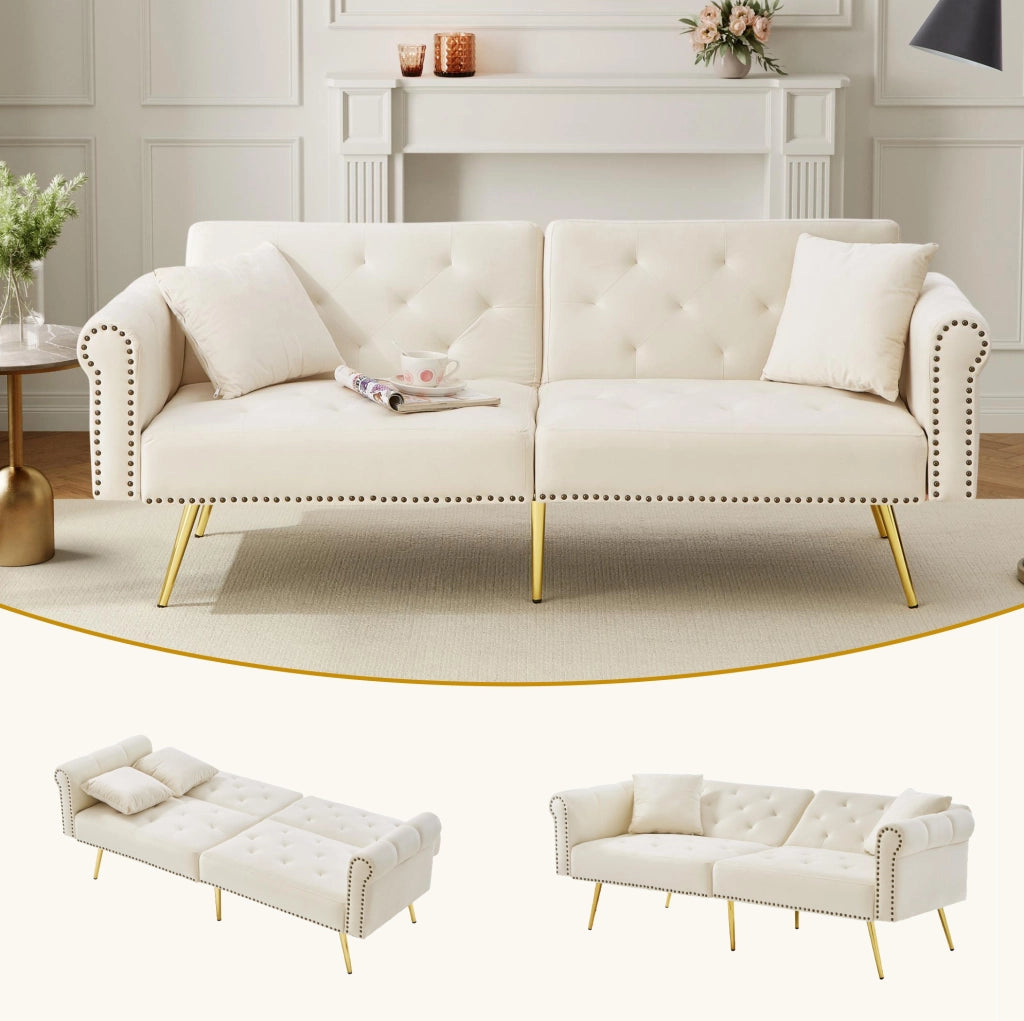 Divano letto 2 posti 147x85 cm con schienale regolabile; in velluto beige