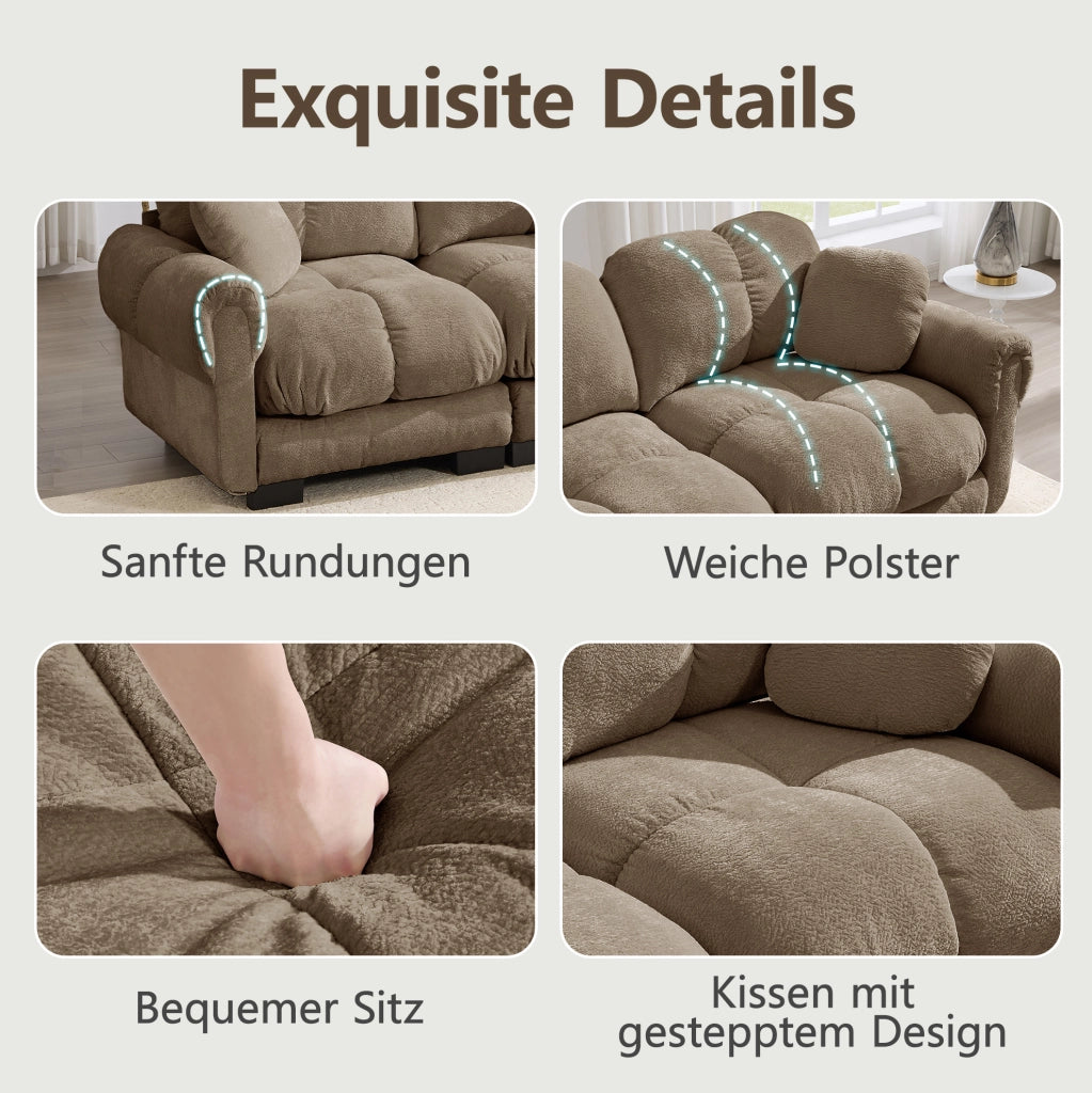 Divano 3 posti in Chenille marrone con cuscini decorativi e design trapuntato